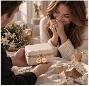 Schmuckschatulle Personalisiert mit Name & Geburtsblume, Beige, Schwarz, Schmucketui Reise, Geschenkidee Frauen, Mädchen Geschenk Geburtstag